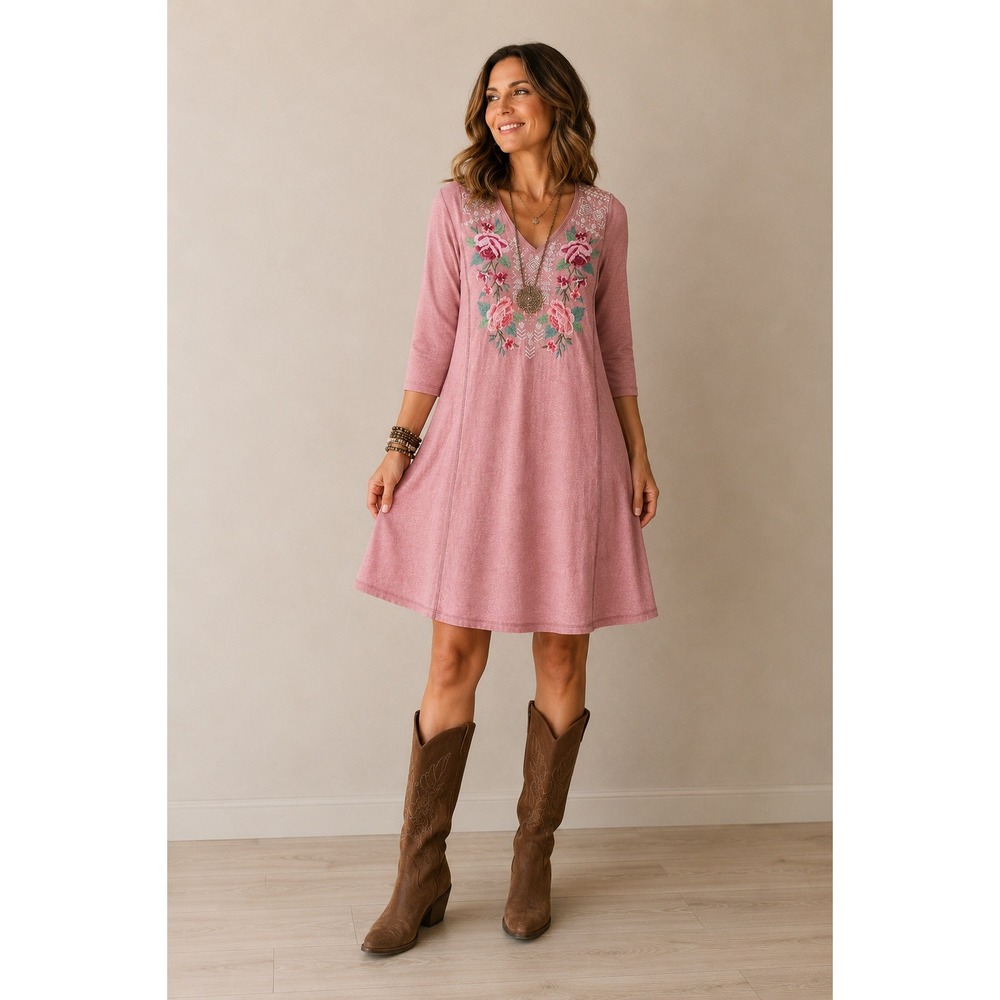 JWLA Johnny‎ Was Embroidered Floral V-Neck A-Line Dress Pink XS